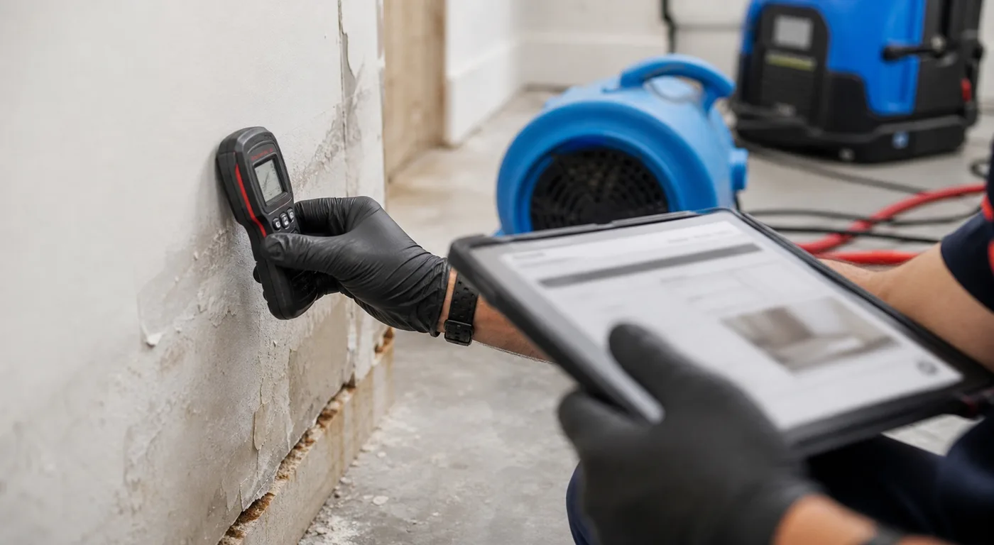 Moisture meter and documentation tablet during restoration inspection